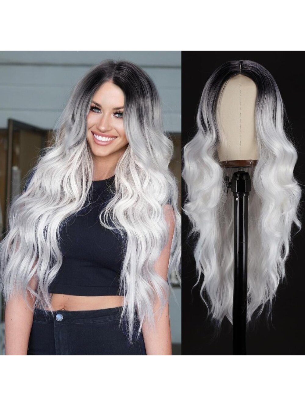 26 Inch Women's Ombre Grey Long Wavy Curly Hair Wig Halloween Cosplay